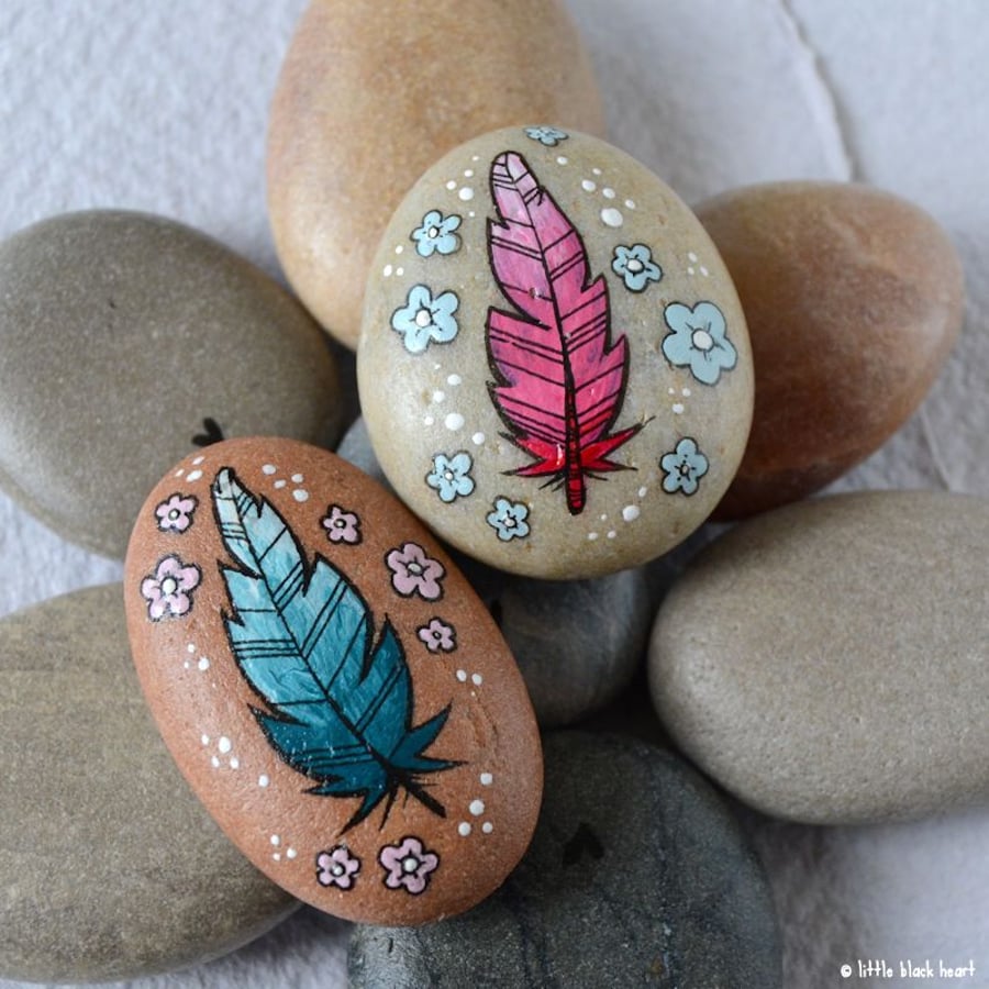 painted pebbles - feather pair 