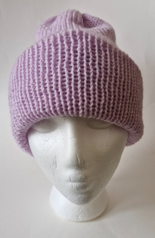 Lilac Knitted Wool Beanie Hat Large