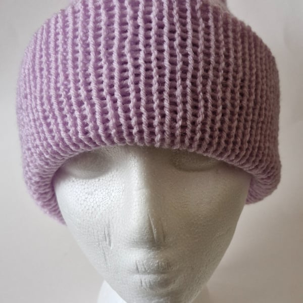 Lilac Knitted Wool Beanie Hat Large