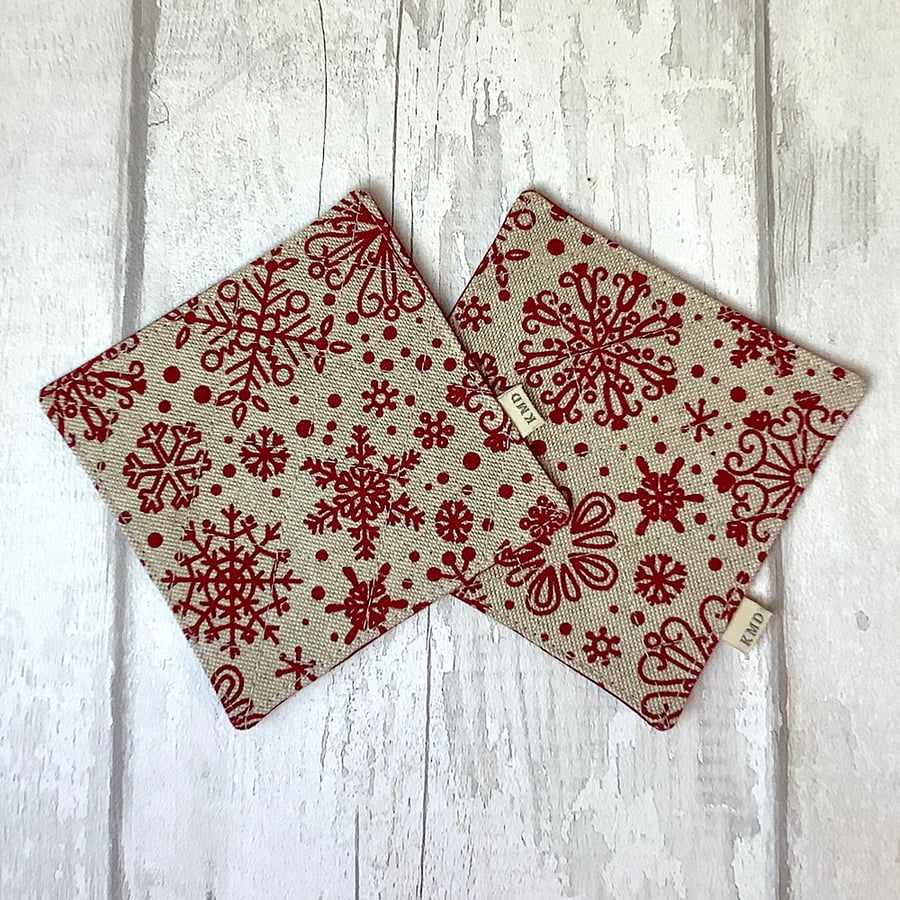 Christmas Coaster Set - Red Snowflakes - Quilted