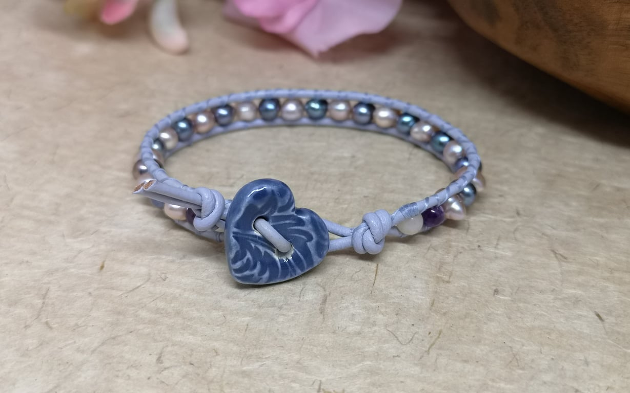 Pearl and leather lilac mix bracelet with ceramic heart button fastener, small