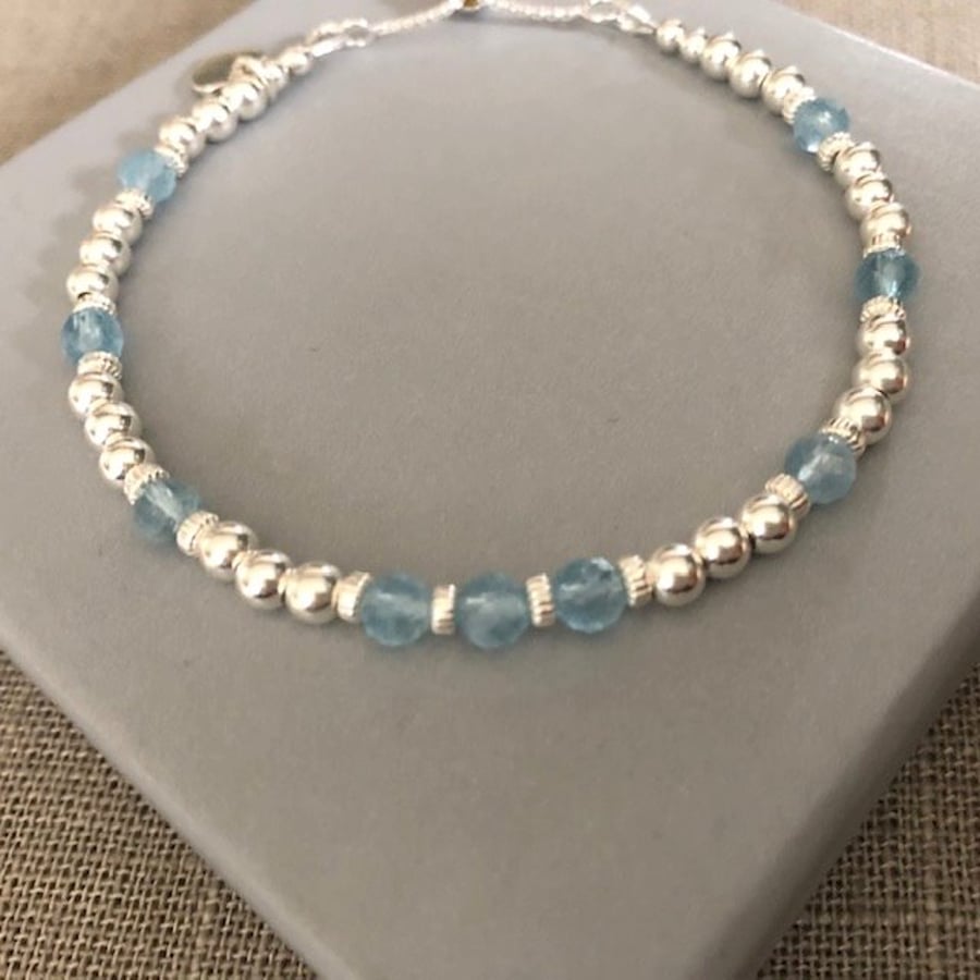 Sterling Silver Blue Aquamarine Slider Clasp Bracelet