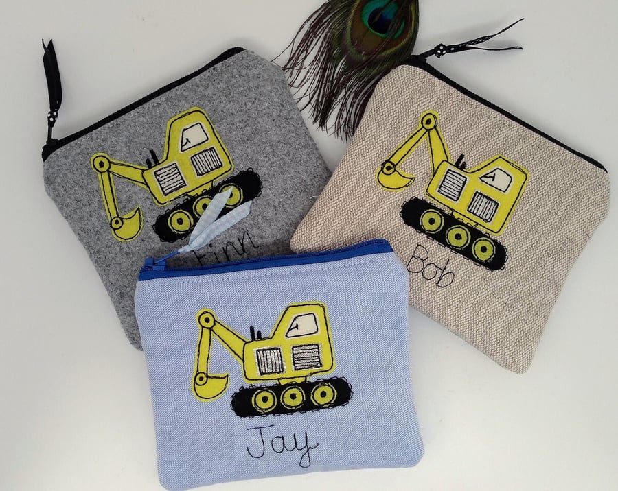Personalised Digger Truck Wallet or Purse - Blue Grey or Linen Fabric boys gift