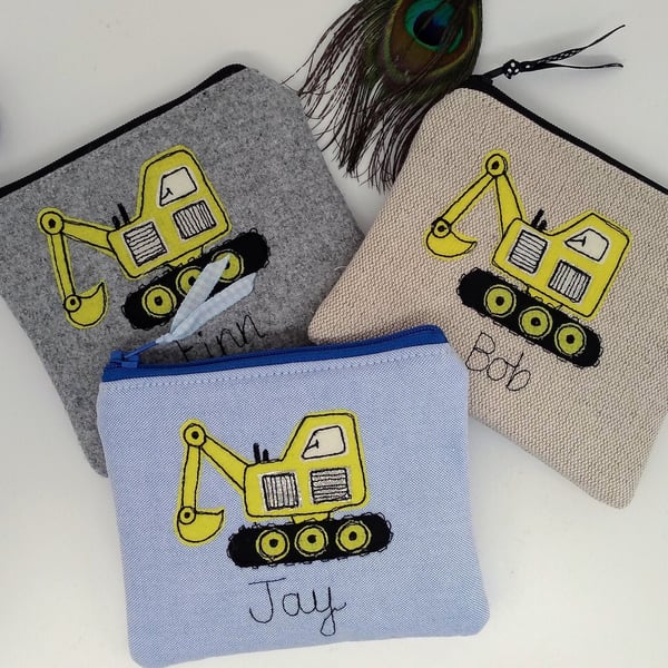 Personalised Digger Truck Wallet or Purse - Blue Grey or Linen Fabric boys gift