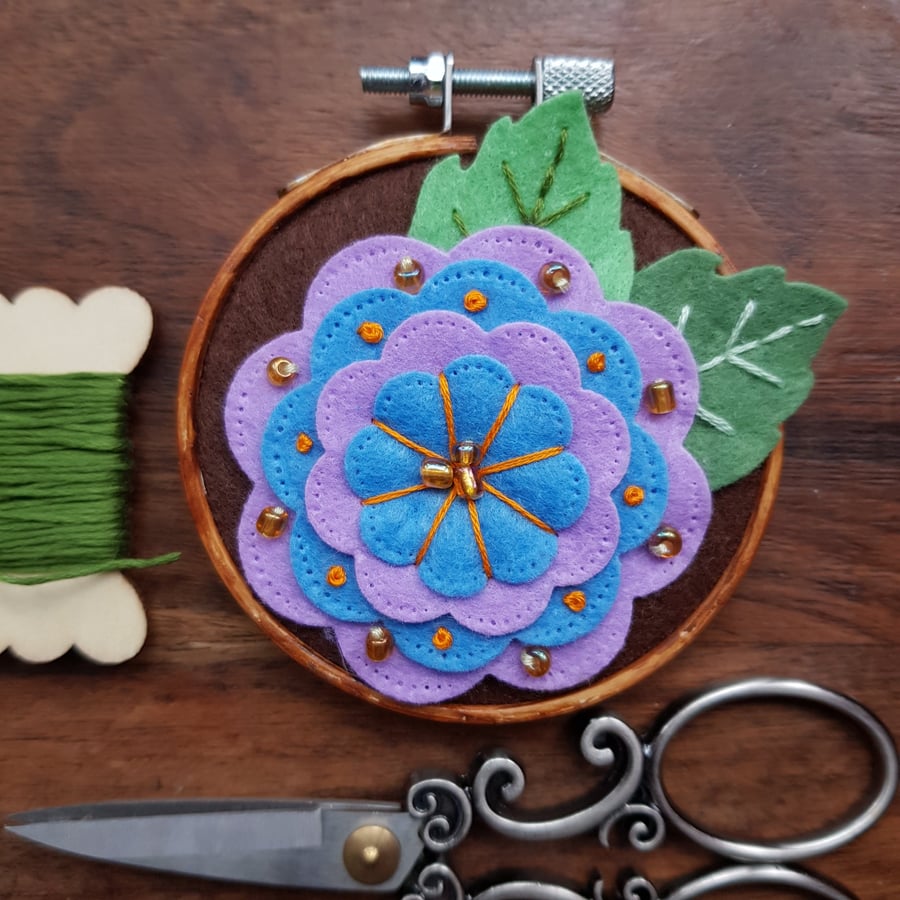 Whimsical Spring Garden handmade wall decoration, keepsake, lilac, blue, brown