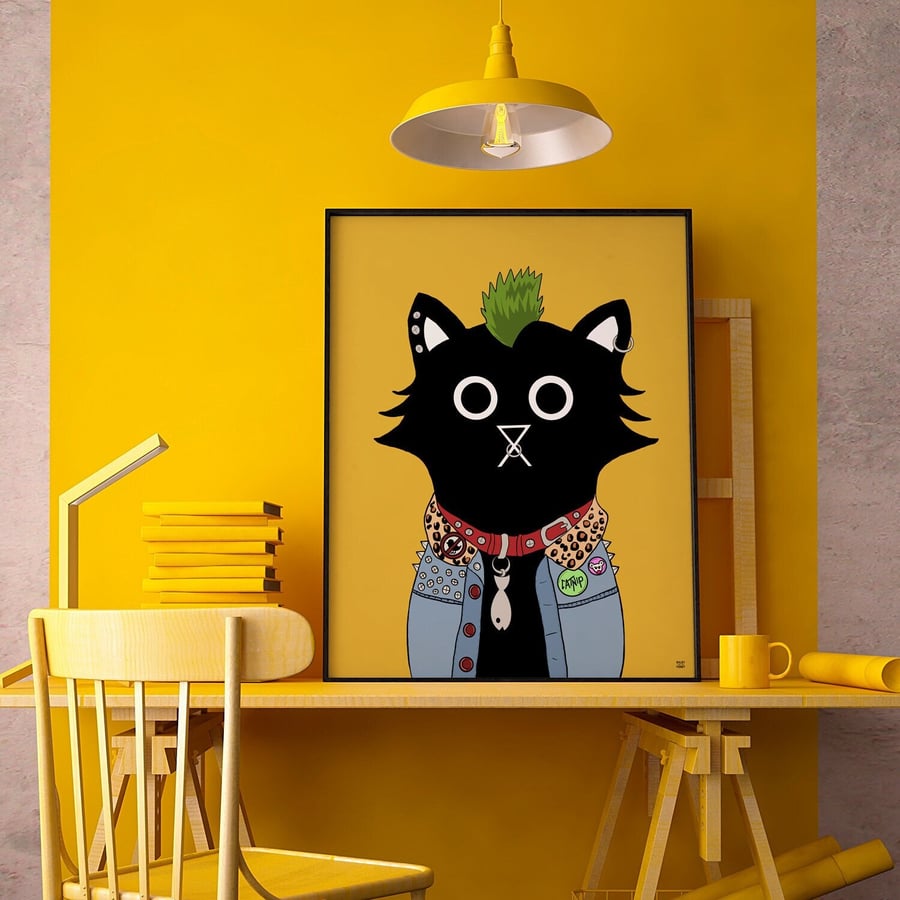 Punk Cat Wall Art Print, Rocker Print, Punk Cat Art, Animals in Clothes, Cat