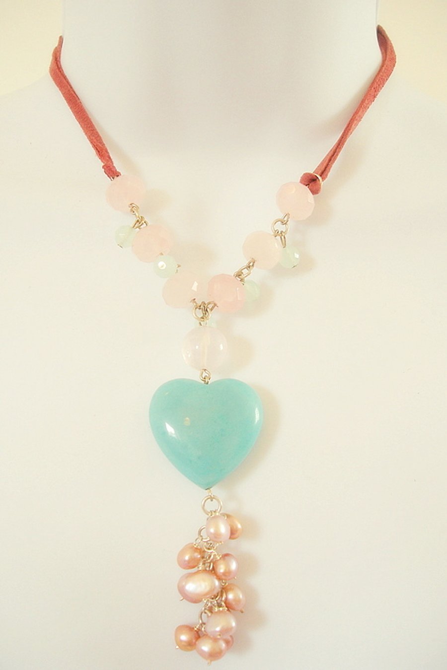  Amazonite Heart with Rose Quartz and Pink Freshwater Pearls 