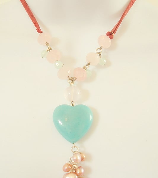  Amazonite Heart with Rose Quartz and Pink Freshwater Pearls 