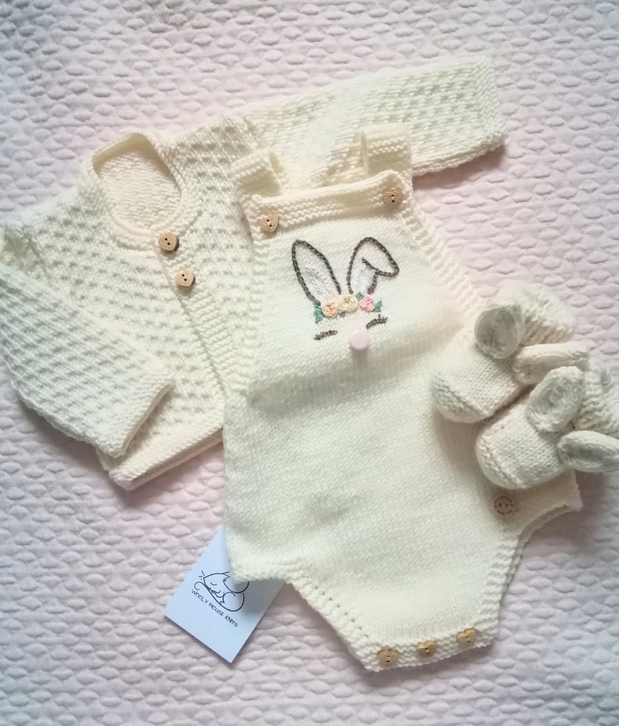 Hand knitted embroidered bunny romper, coverall, outfit 0-3 months 