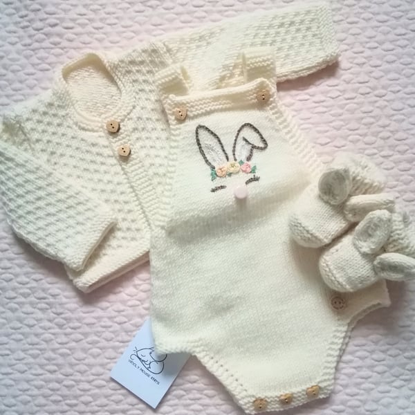 Hand knitted embroidered bunny romper, coverall... - Folksy