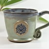 Blue Lotus Flower -  Green Mug,  Ceramic Pottery Stoneware UK Wheelthrown 