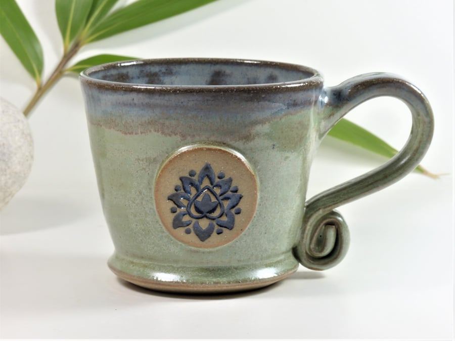Blue Lotus Flower -  Green Mug,  Ceramic Pottery Stoneware UK Wheelthrown 