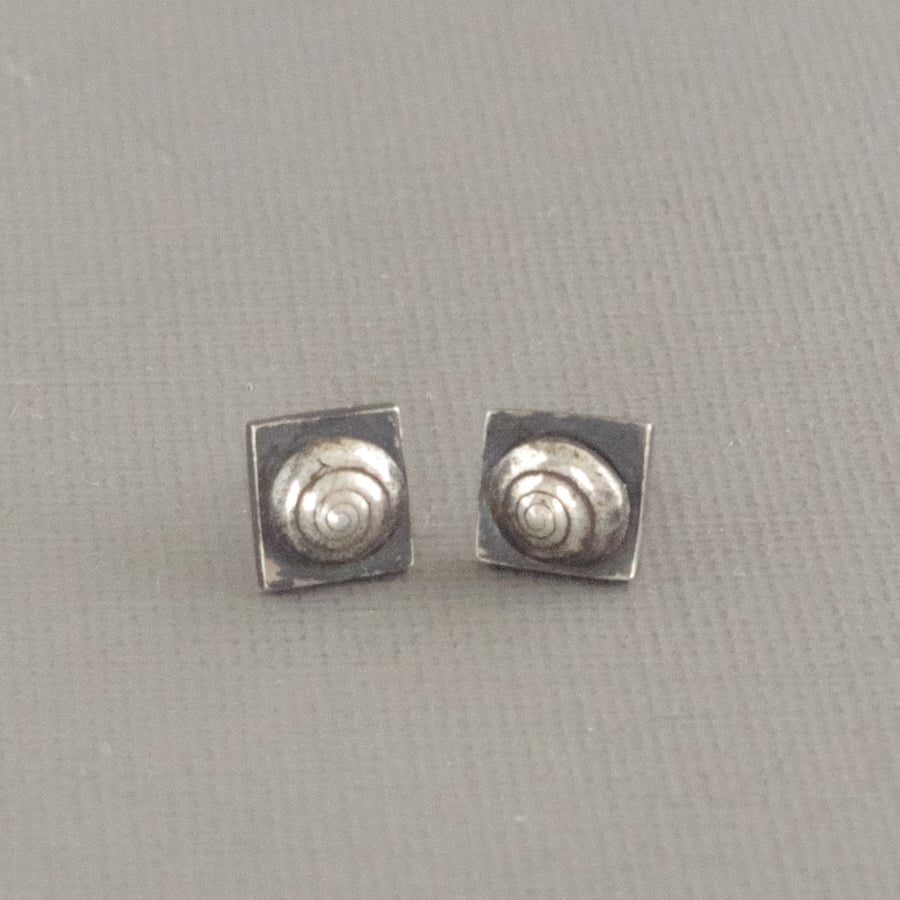 Oxidised Black Sterling Silver Stud Earrings Square With Hand Cast Snail Shell 