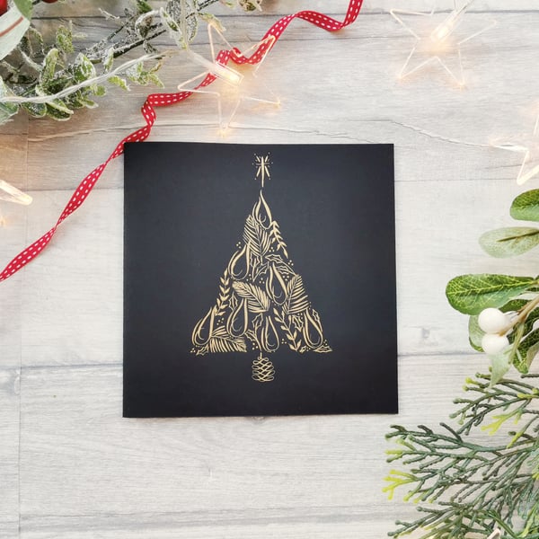 Gold Christmas Tree Card - Hand Drawn Calligraphy Flourishes