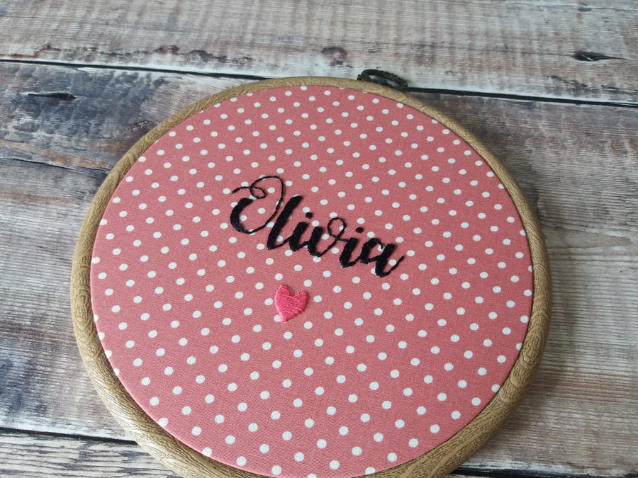 Personalised Name Hoops - Pink Polka - Custom Hand Embroidered