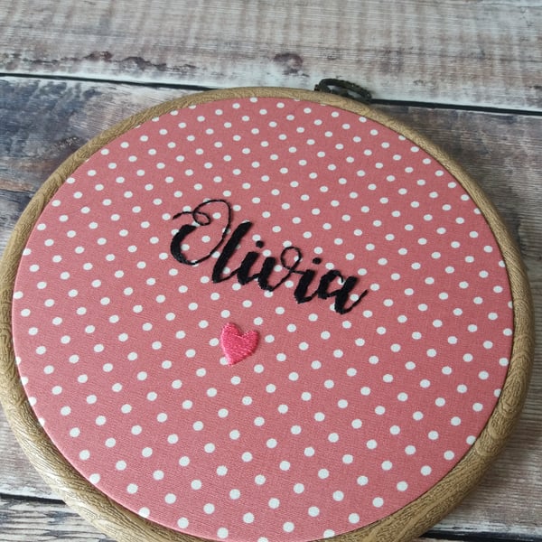 Personalised Name Hoops - Pink Polka - Custom Hand Embroidered