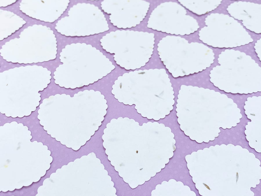10 White Plantable Seed Scalloped Hearts 280gsm - WildFlower Biodegradable
