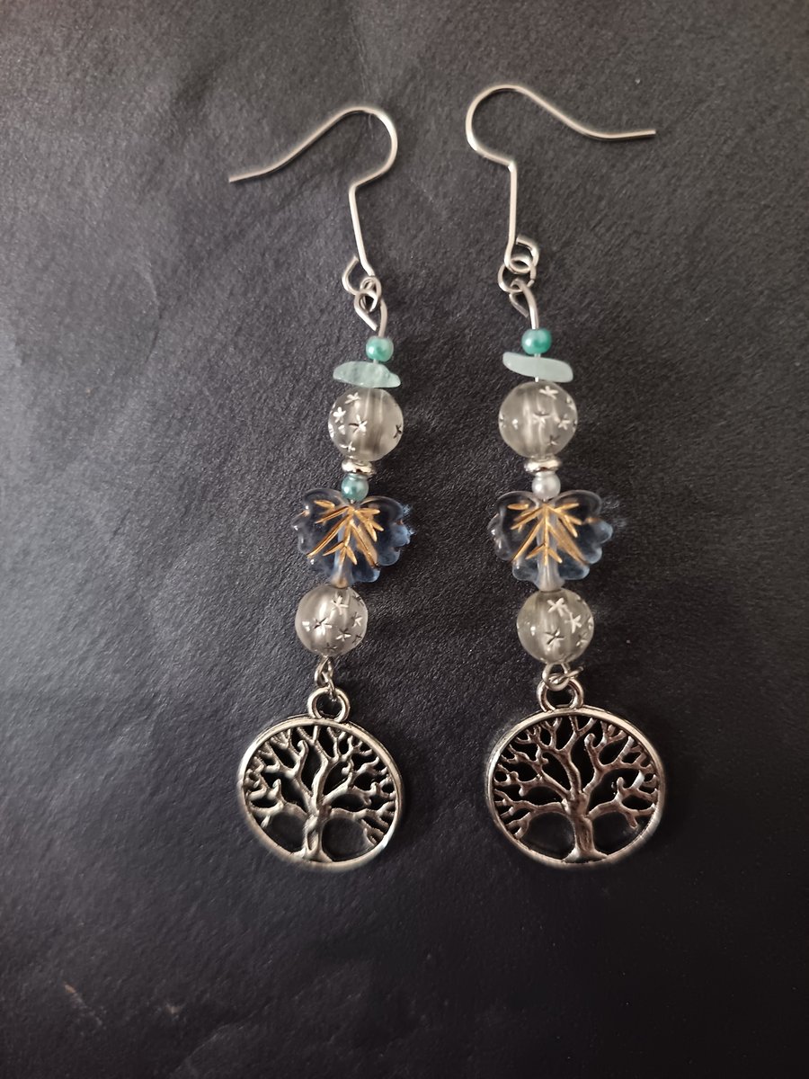 Winter beaded silver tree of life charm dangle earrings 