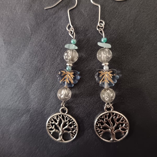 Winter beaded silver tree of life charm dangle earrings 