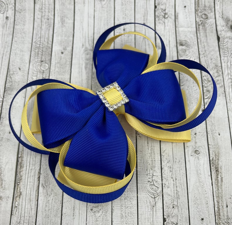 Large 5 inch Cobalt Blue and Pale Yellow Double Layer Bow with Double Loops