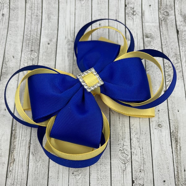 Large 5 inch Cobalt Blue and Pale Yellow Double Layer Bow with Double Loops