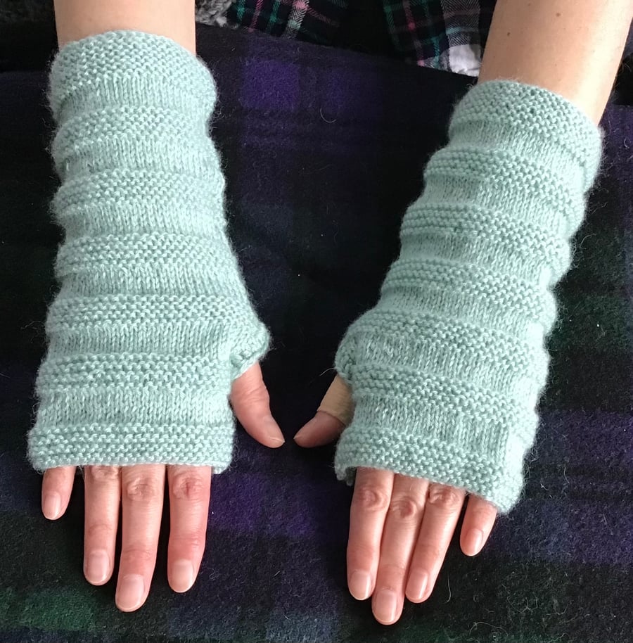 Hand knitted Fingerless Mitts in Duck Egg Blue