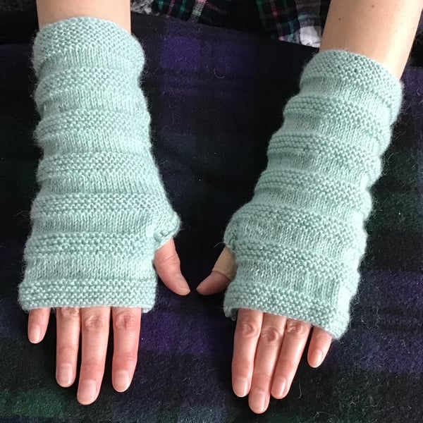 Hand knitted Fingerless Mitts in Duck Egg Blue