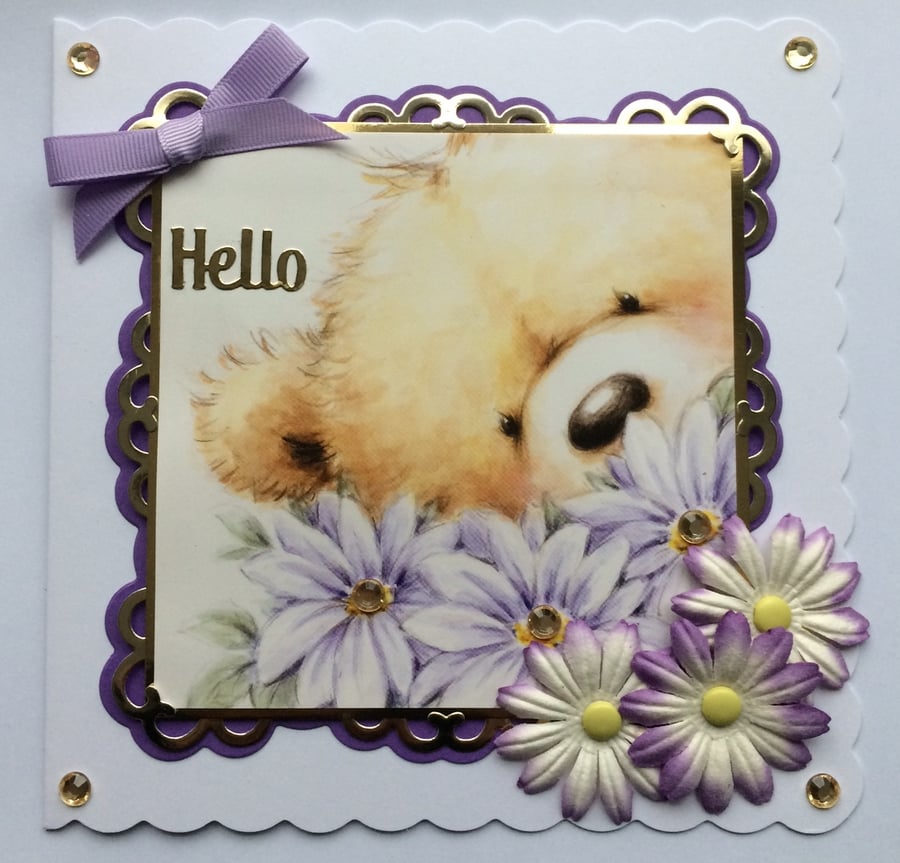 Birthday Card Hello Card Teddy Bear with Purple Flowers to Say Hello