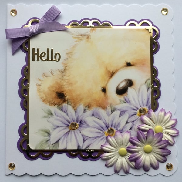 Birthday Card Hello Card Teddy Bear with Purple Flowers to Say Hello