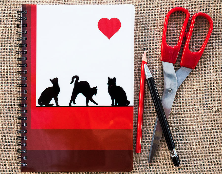 Cats Posing Heart Red Notebook A5 Spiral Bound Lined Wipe-Clean Acrylic Cover  