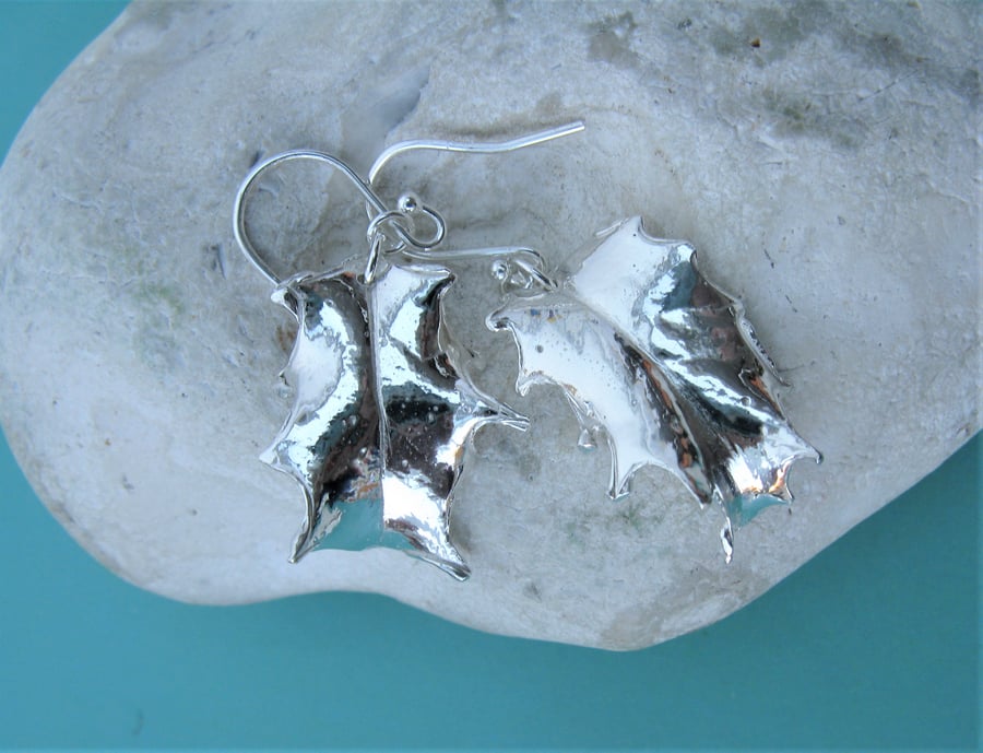 Hallmarked silver holly leaf earrings