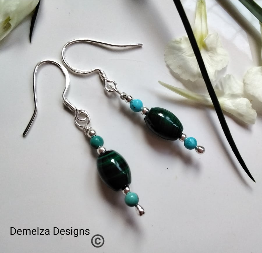 Malachite & Natural Chinese Turquoise  Sterling Silver Earrings