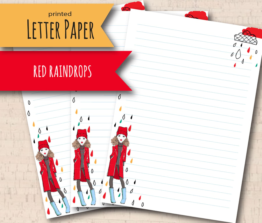 Letter Writing Paper Red Raindrops, fashion stationery, cute note paper