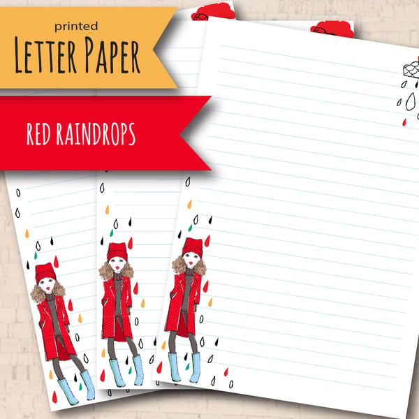 Letter Writing Paper Red Raindrops, fashion stationery, cute note paper