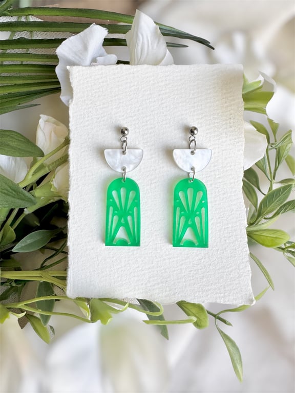 Art Deco Green Window Earrings - Acrylic Dangles