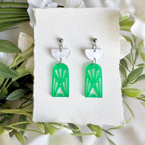 Art Deco Green Window Earrings - Acrylic Dangles