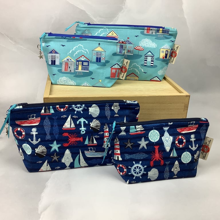 Seaside makeup bag, Beach zip bag, 2 size and pattern options, Handmade