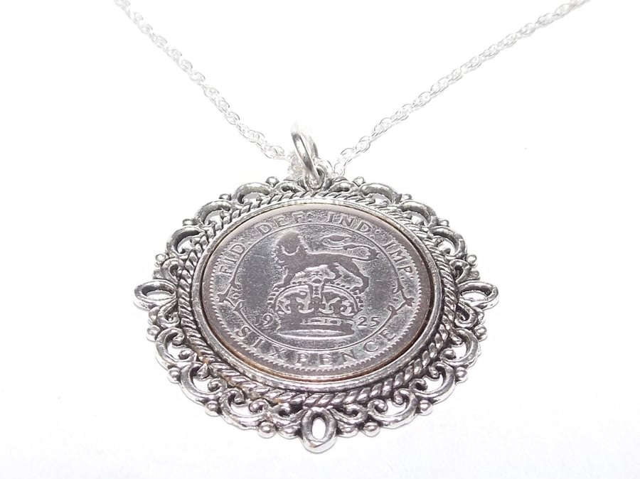 Fancy Pendant 1925 Lucky sixpence 99th Birthday plus a Sterling Silver 18in Chai
