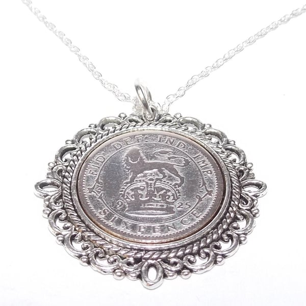 Fancy Pendant 1925 Lucky sixpence 99th Birthday plus a Sterling Silver 18in Chai