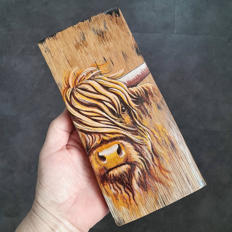 Hand Painted Reclaimed Whisky Barrel Stave - Highland Cow