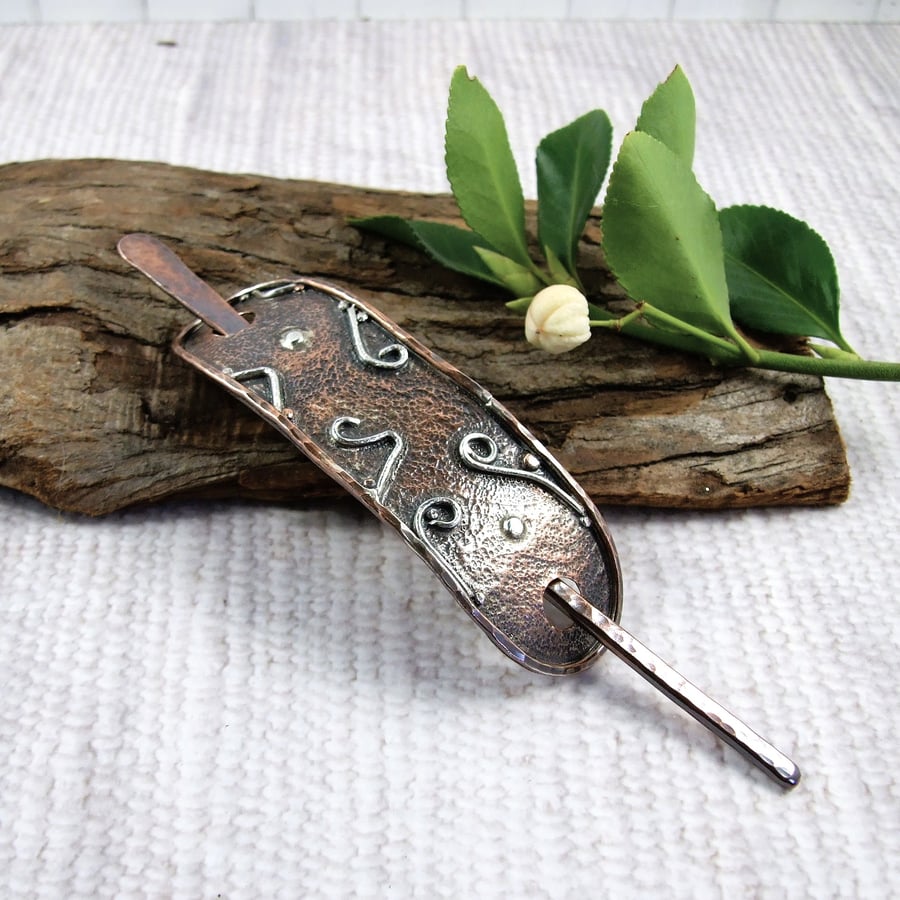Hair Barrette, Copper Hair Slide with Sterling Silver Waves and Scolls Accents