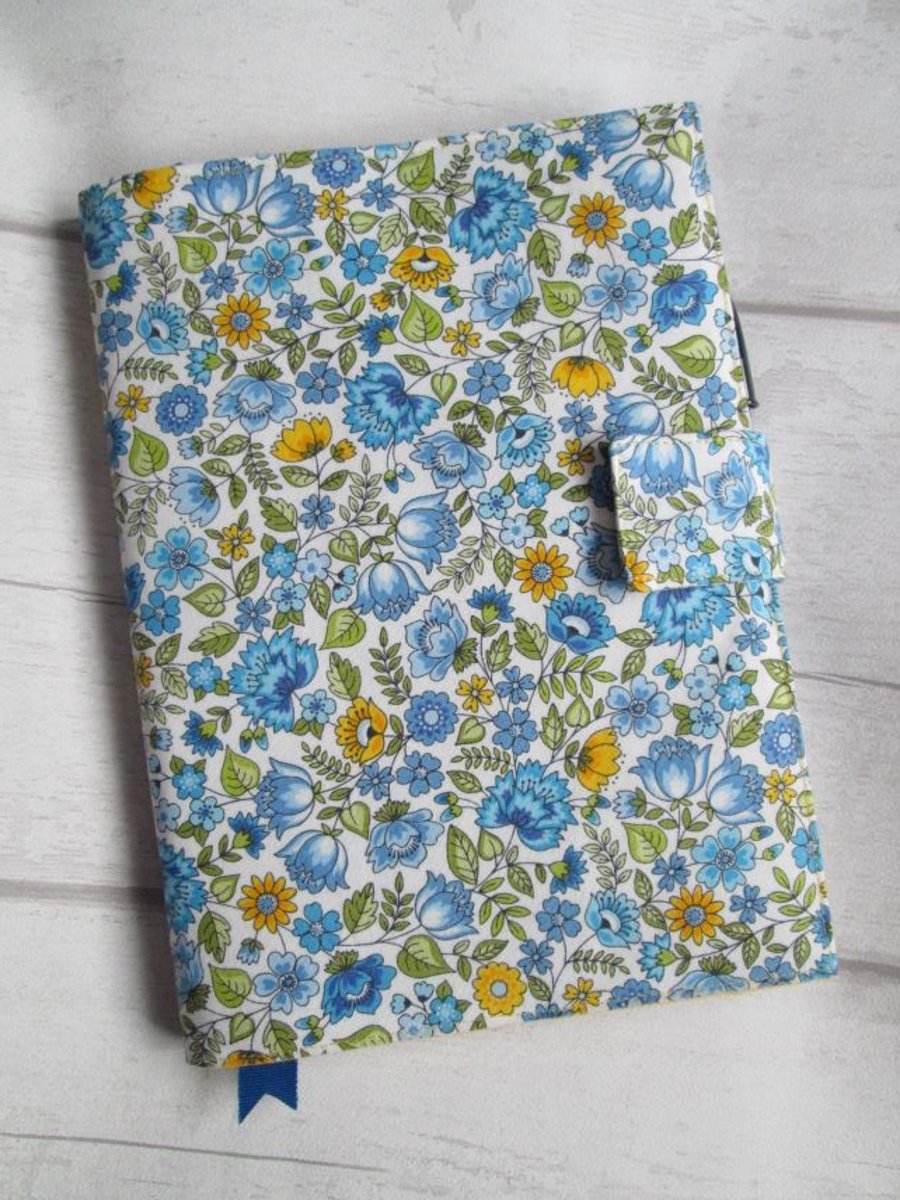 SOLD - A5 Reusable Notebook Cover, Fabric Notebook - Blue & Yellow Floral Print