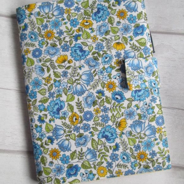 SOLD - A5 Reusable Notebook Cover, Fabric Notebook - Blue & Yellow Floral Print