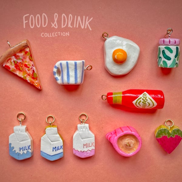 Tiny Clay Charm, Tea Mug, Tabasco, Egg, Pizza Slice, Gherkins (Individual)