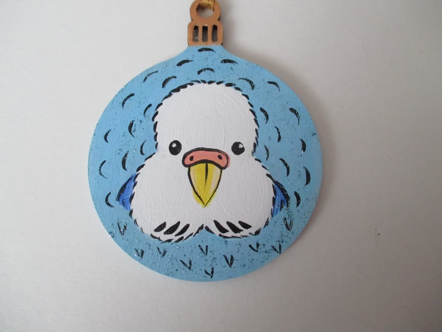1x Light Blue Budgie Budgerigar Christmas Tree Decoration 2D Wooden Bauble