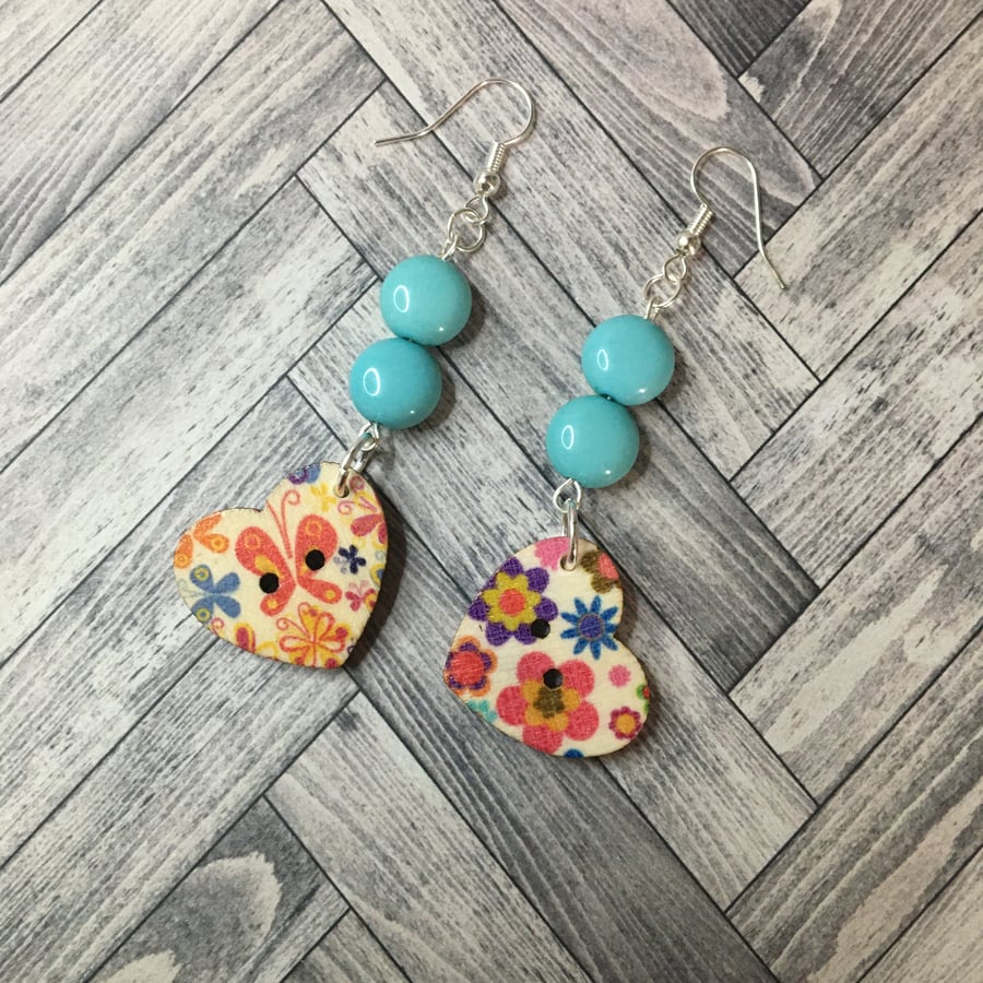 Wood Heart Turquoise Dangle Earrings