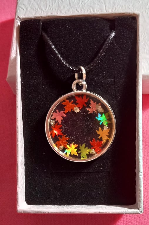 Autumn leaf boxed silver necklace pendant,Sparkly leaves necklace Resin necklace