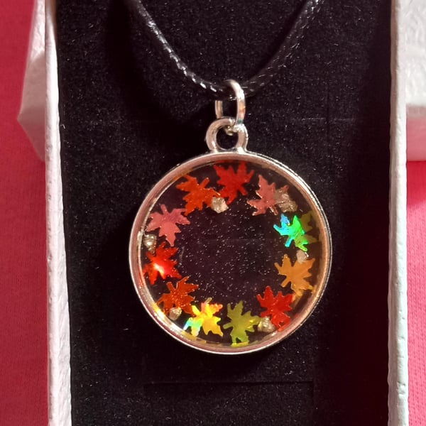 Autumn leaf boxed silver necklace pendant,Sparkly leaves necklace Resin necklace