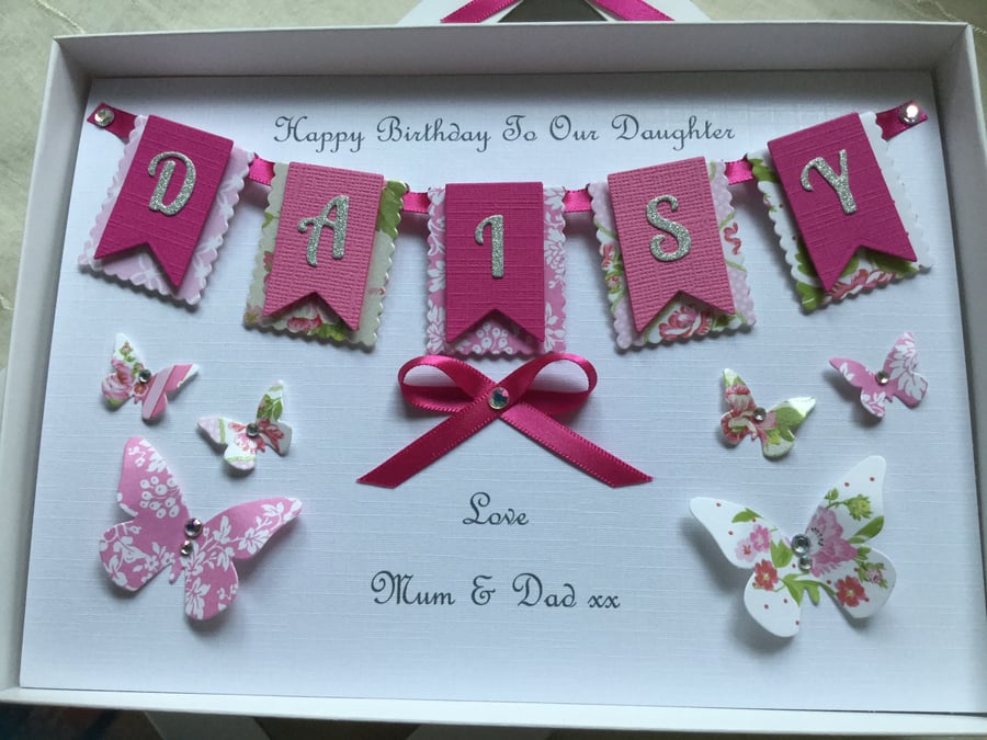 Personalised Handmade Birthday Card Mum Daughter Granddaughter Gift Boxed Pink