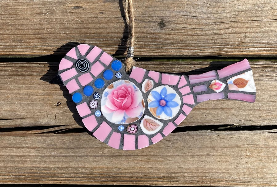 Rustic Mosaic Bird. Hanging bird made from vintage China and stained glass.